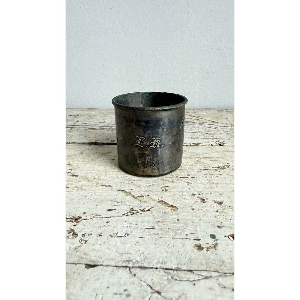Antique Silver Plate Baby Cup Engraved L.B. Primitive Patina Decorative Vessel